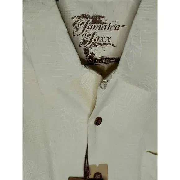 Jamaica Jaxx 100% Silk Pineapple Palm Tree Print Button Up Shirt Yellow Men's L - Picture 2 of 5